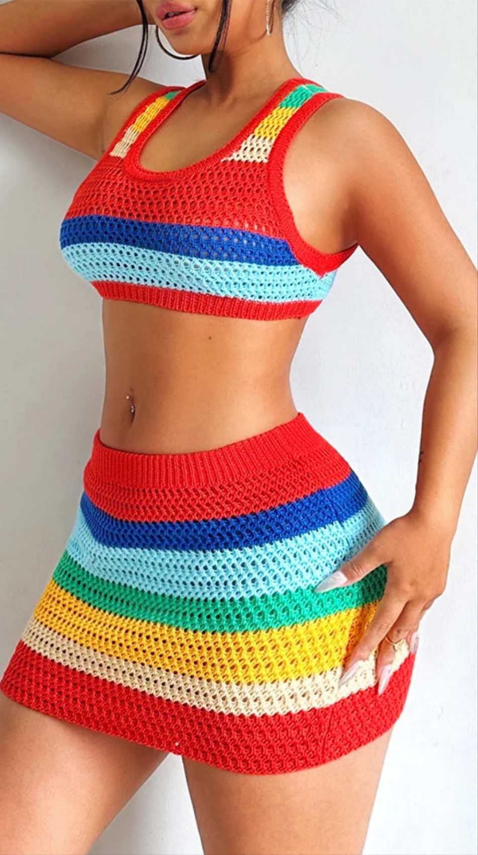 Crochet Rainbow Striped Colorblock Knitted Patchwork Sleeveless O-Neck Skinny Mini Dress OR 2-Piece Crop Tank + Mini Skirt Set