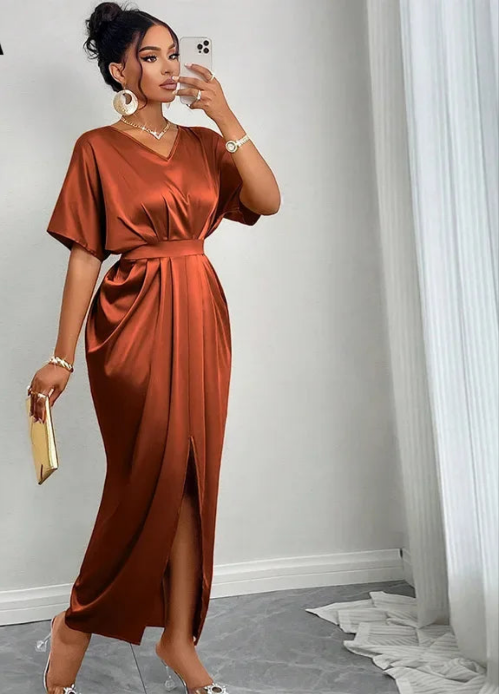 Satin Draped Ruched V-Neck Short Sleeve Solid Color Formal Maxi Party Dress