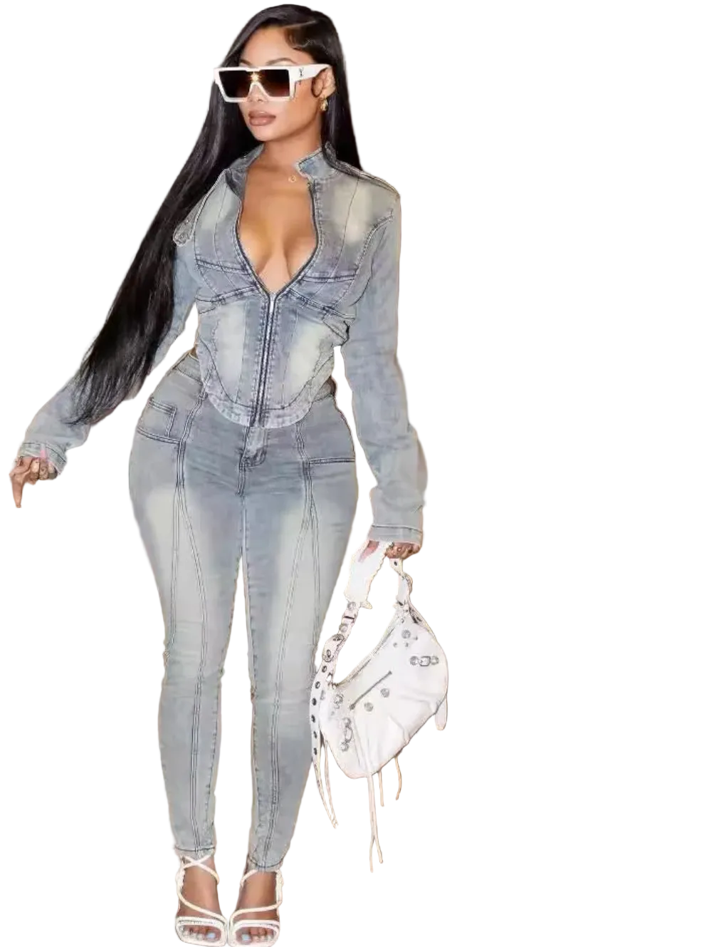 Denim Faded Colorblock Gradient Streetwear Zipper Stretch Jean Jacket + Skinny Jeans. Women's 2-Piece Set