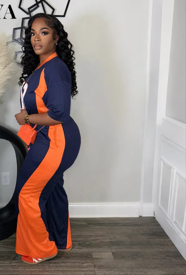 Blue/Orange Women's Number Print Short Sleeve O-Neck Jersey Top + Colorblock Wide Leg Pants 2-Piece Sets