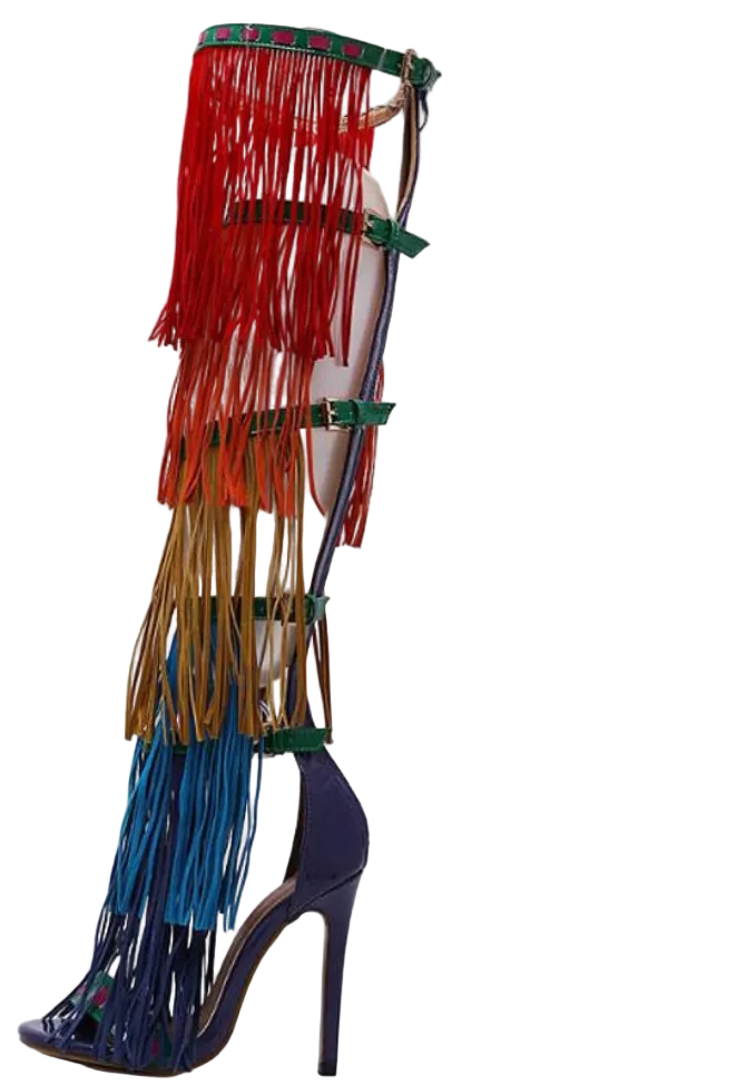 Rainbow Tassel Fringe Over-The-Knee Gladiator Open Toe Platform Sandal Boots