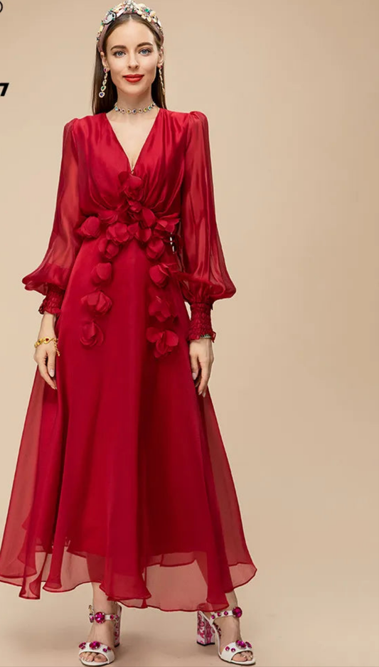 Red Chiffon Rose Flower Sash Design V-Neck High Waist Long Puff Sleeve Formal Maxi Party Dress