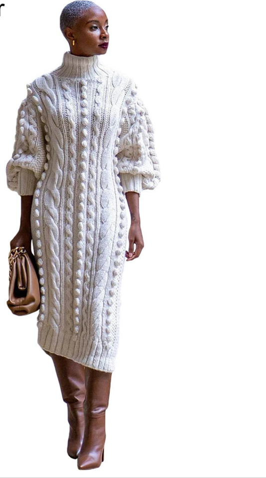 Weave Pattern Solid Color Knitted Turtleneck Long Sleeve High Side Slit Sweater Dress to 3X Plus Size