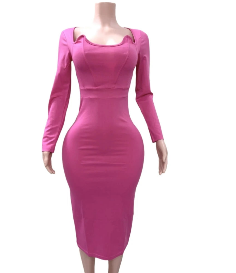 Corset Top French Bone Shape Design Solid Color Bodycon Midi O-Neck Long Sleeve Skinny Maxi Party Dress