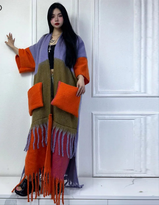Tassel Colorblock Striped African Cardigan Oversized Pocket Design Cardigan Kimono Dress