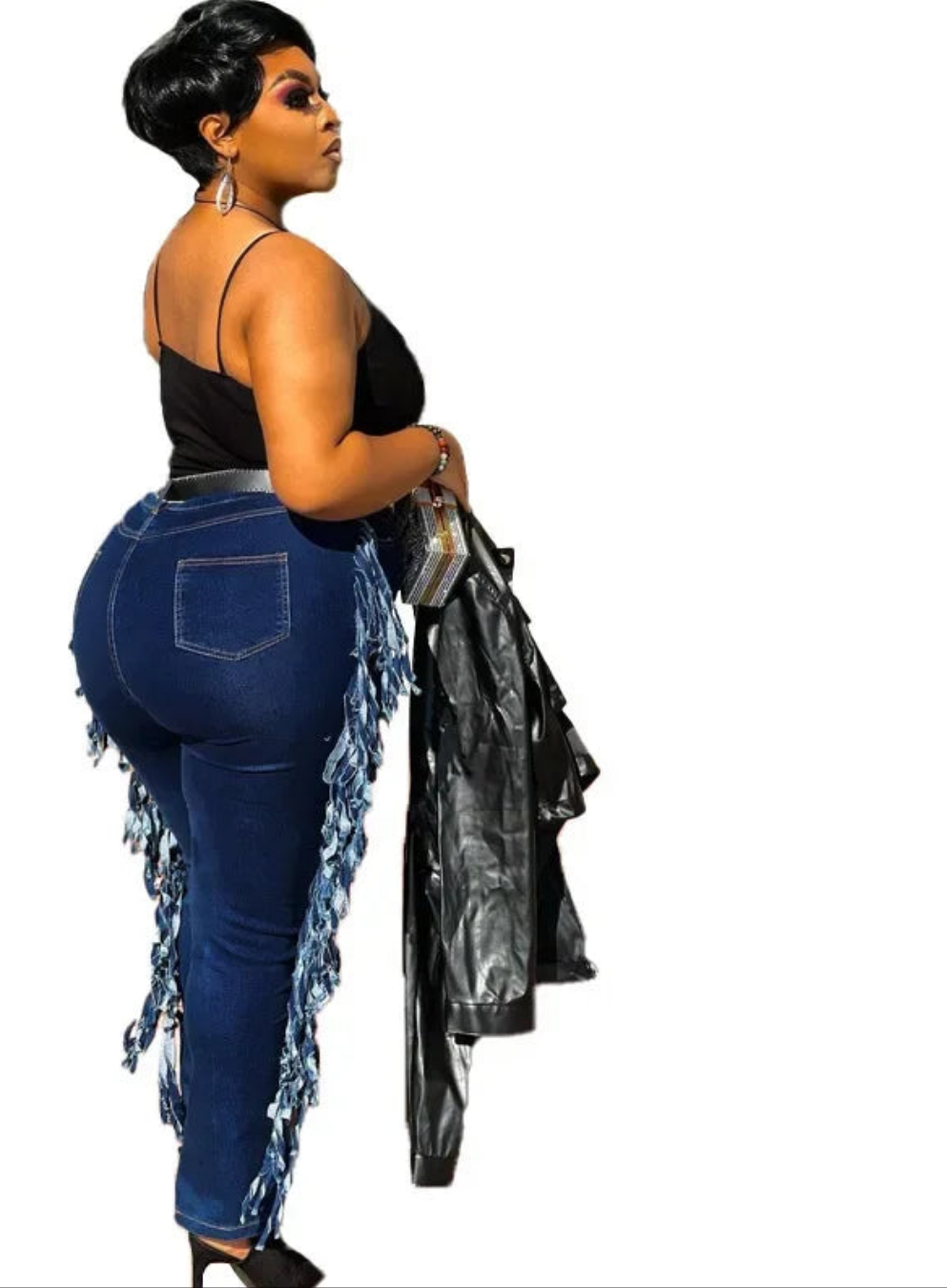Denim Hole Ripped Pattern Hollow-Out Side Tassel Design Women's Streetwear Jeans to 5X Plus Size