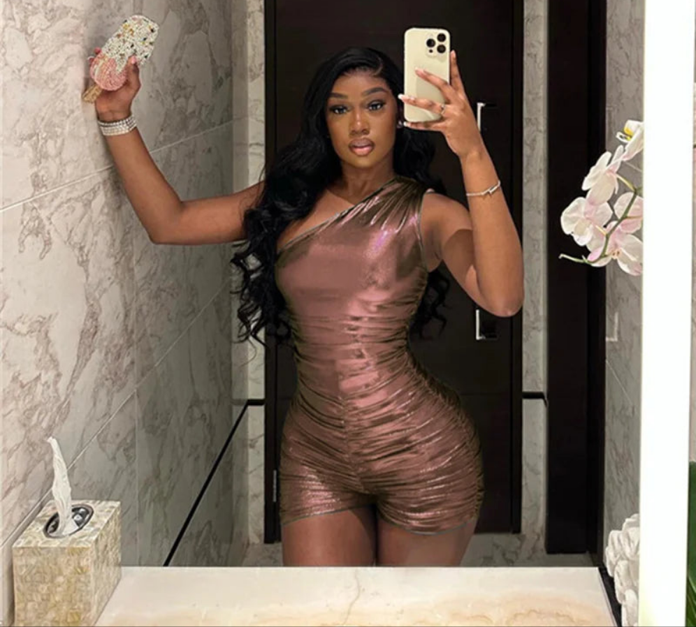 Metallic Solid Faux Leather Asymmetrical Sleeveless One Shoulder Skew Collar Shorts Romper