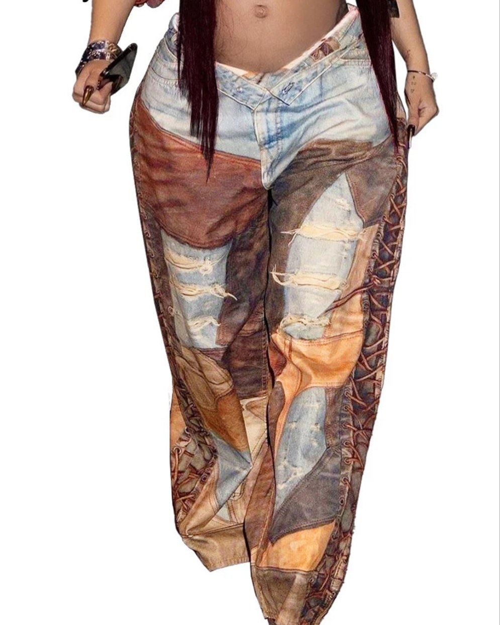 Lace-Up Colorblock Women's Patchwork Chain Printed Mid-Waist Straight Wide Leg Loose Cargo Jeans