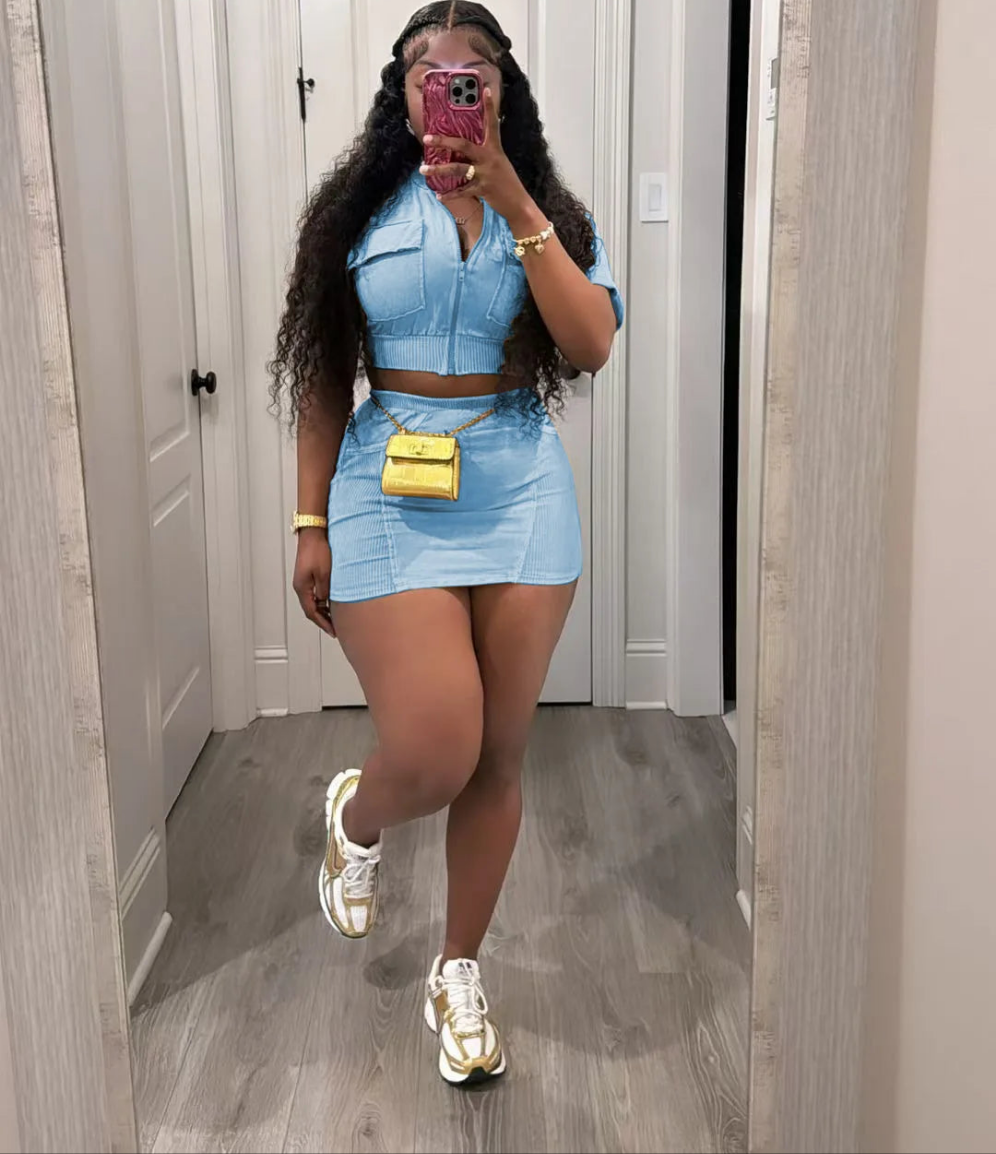 Cargo Multi-Pocket Knitted Solid Color Women's Washed Short Sleeve Crop Jacket + Mini Skirt 2-Piece Set