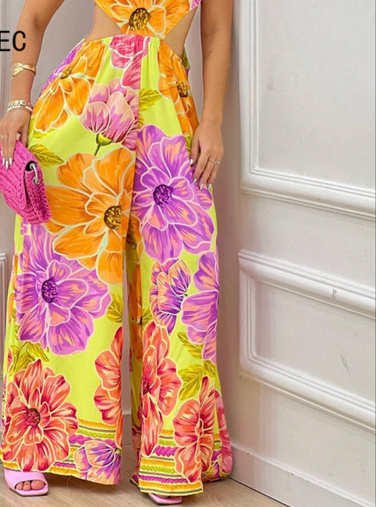 Pastel Flower Print Halter Lace-Up Sleeveless Backless Wide Leg Jumpsuit