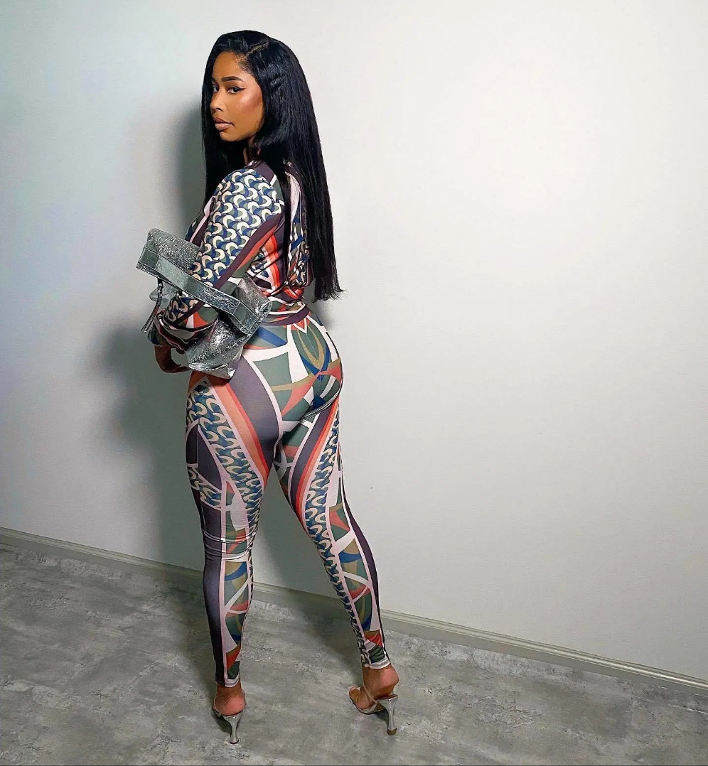 Abstract Geometric Striped Deep V-Neck Long Sleeve Women's Top + Spandex Leggings 2-Piece Set