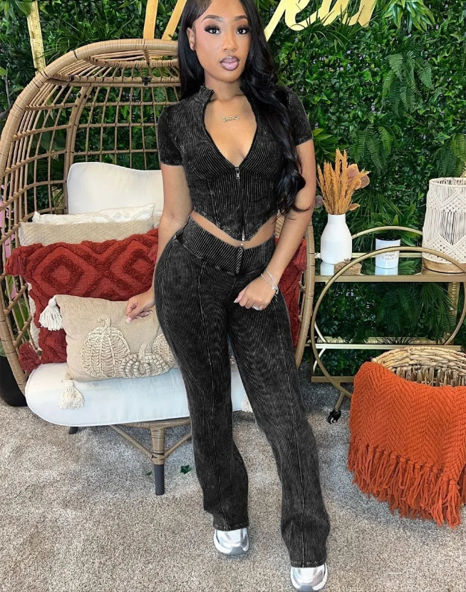 Ribbed Bodycon Solid Color Women's Short Sleeve Zipper Crop Top + Flare Pants Streetwear 2-Piece Set