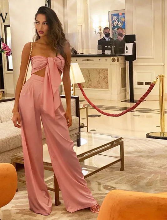 Bandage Slash Neck Bowtie Detail Strapless Crop Top + Wide Leg Pants Matching 2-Piece Set
