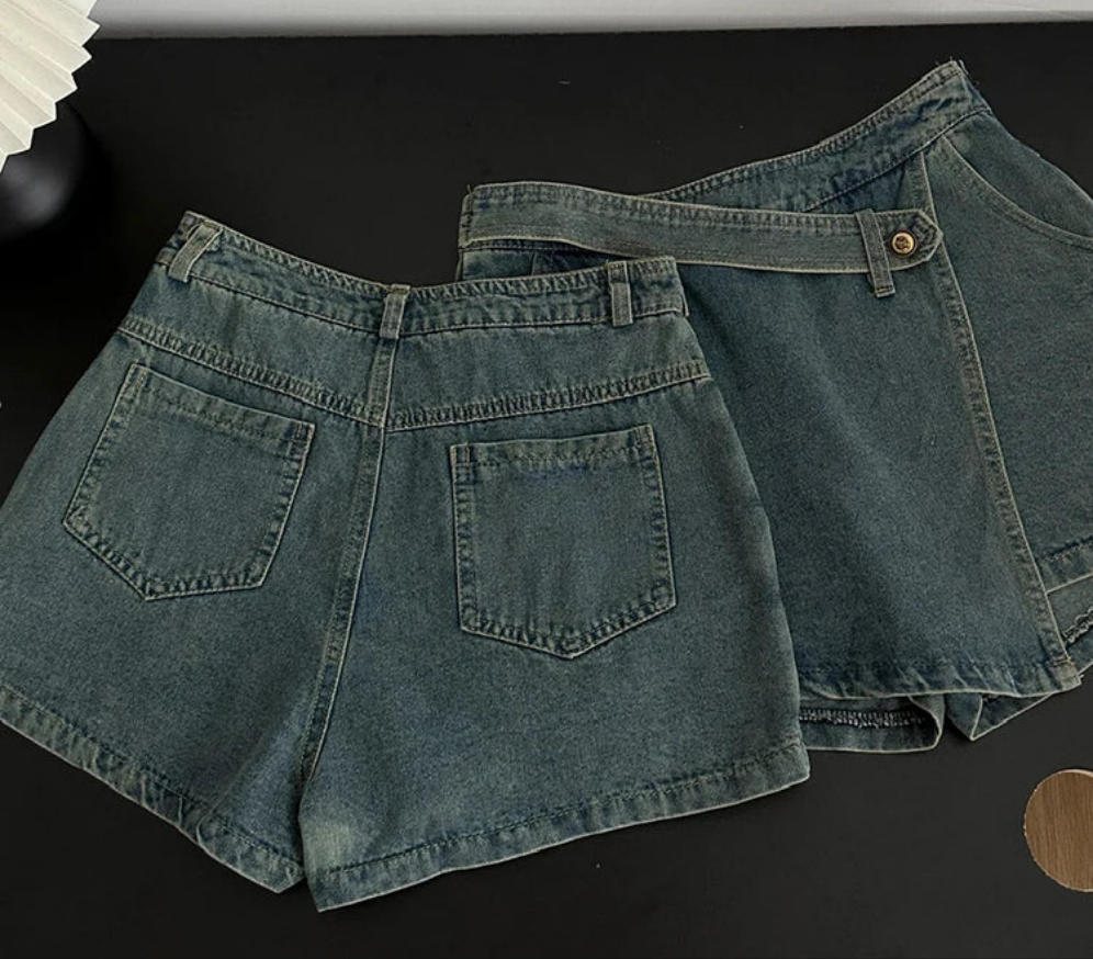 Blue Faded Aesthetic Denim Long Flared Sleeve Button-Up Jean Jacket + Mini Pleated Jean Skirt 2-Piece Set