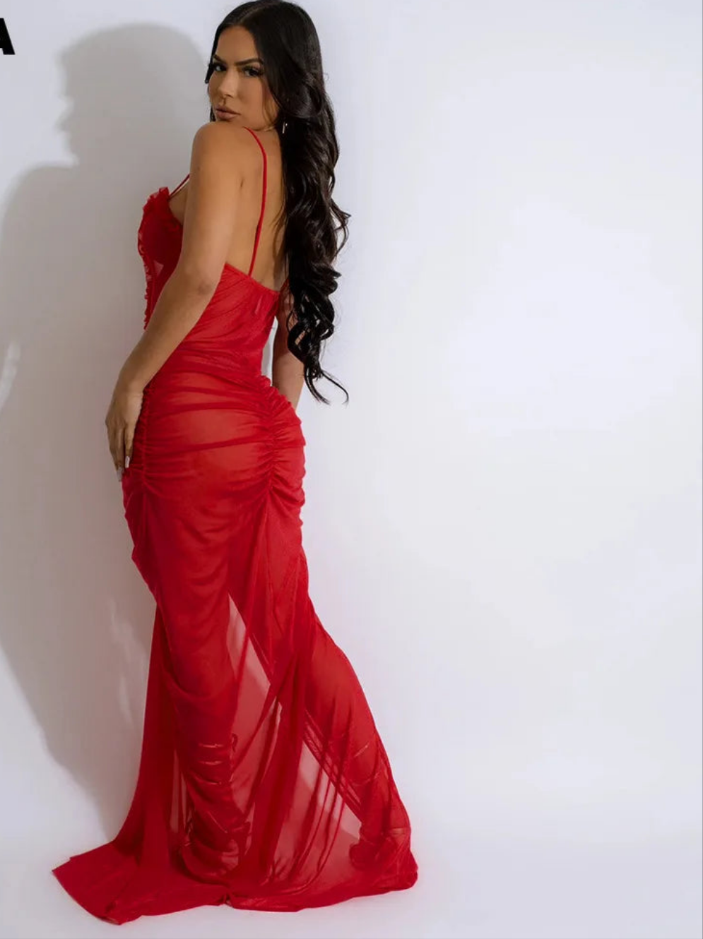 Sheer Faux Fur Ruffled Hem Sleeveless Mesh Transparent Deep V-Neck Spaghetti Strap Party Evening Formal Floor-Length Dress