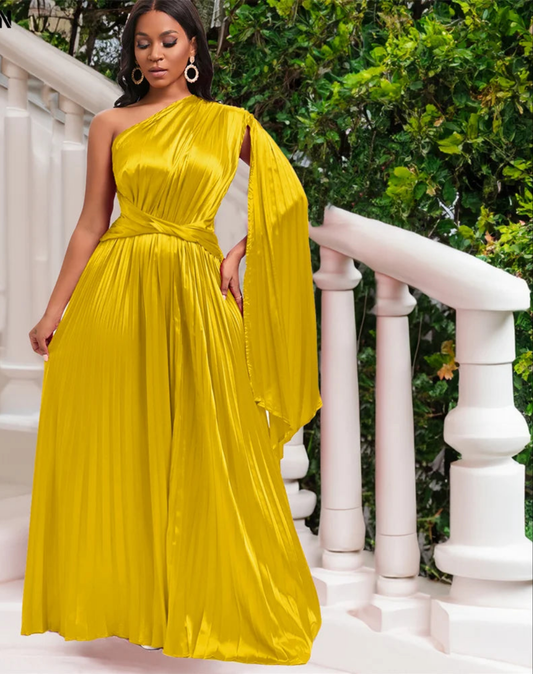 Satin Asymmetrical Ruched Waist Pleated One Sleeve Formal Maxi Dress to 3X Plus Size