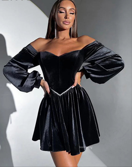 Off-the-Shoulder Velvet Strapless Long Sleeve Bandage Formal Mini Dress