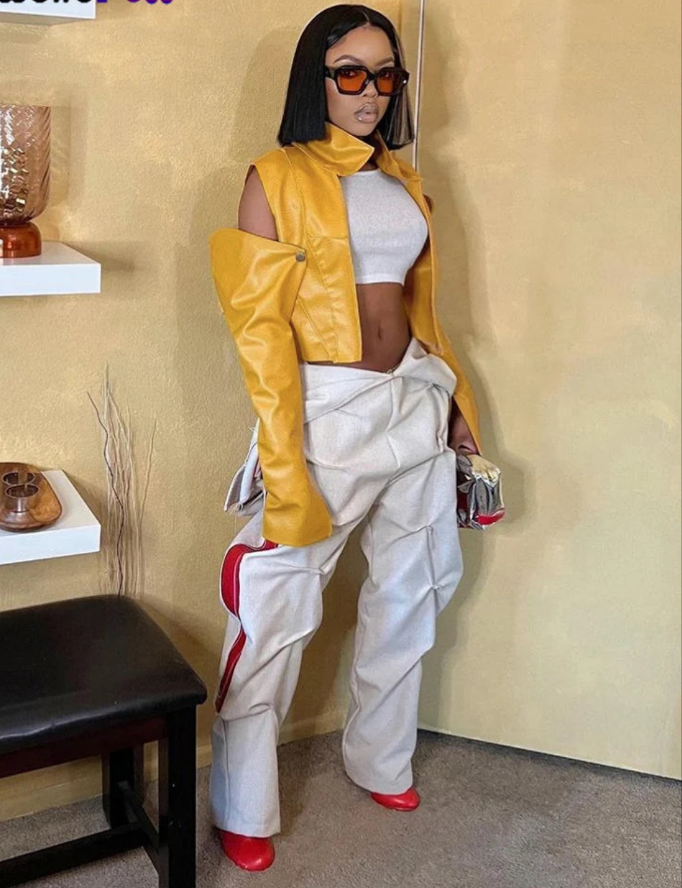 Yellow Irregular Faux Leather Women's Hollow-Out Long Sleeve Streetwear Patchwork Cropped Jacket