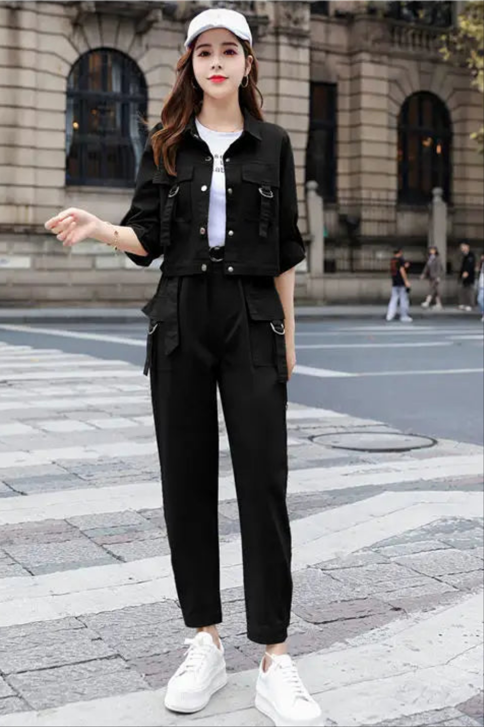 Streetwear Pocket Ribbon Strap Design Long Sleeve Women's Jacket + Cargo Pants 2-Piece Set