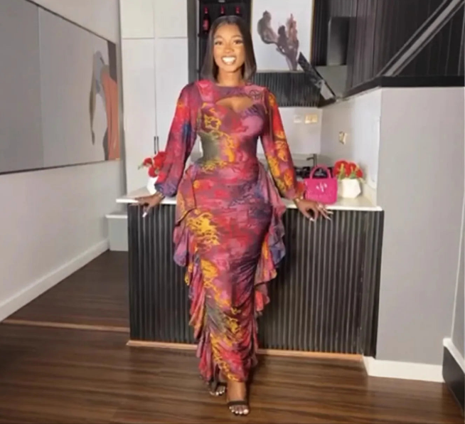 Tassel Fringe Ruched Floral Geometric Print Long Sleeve Ruffled Bodycon Skinny Maxi Dress