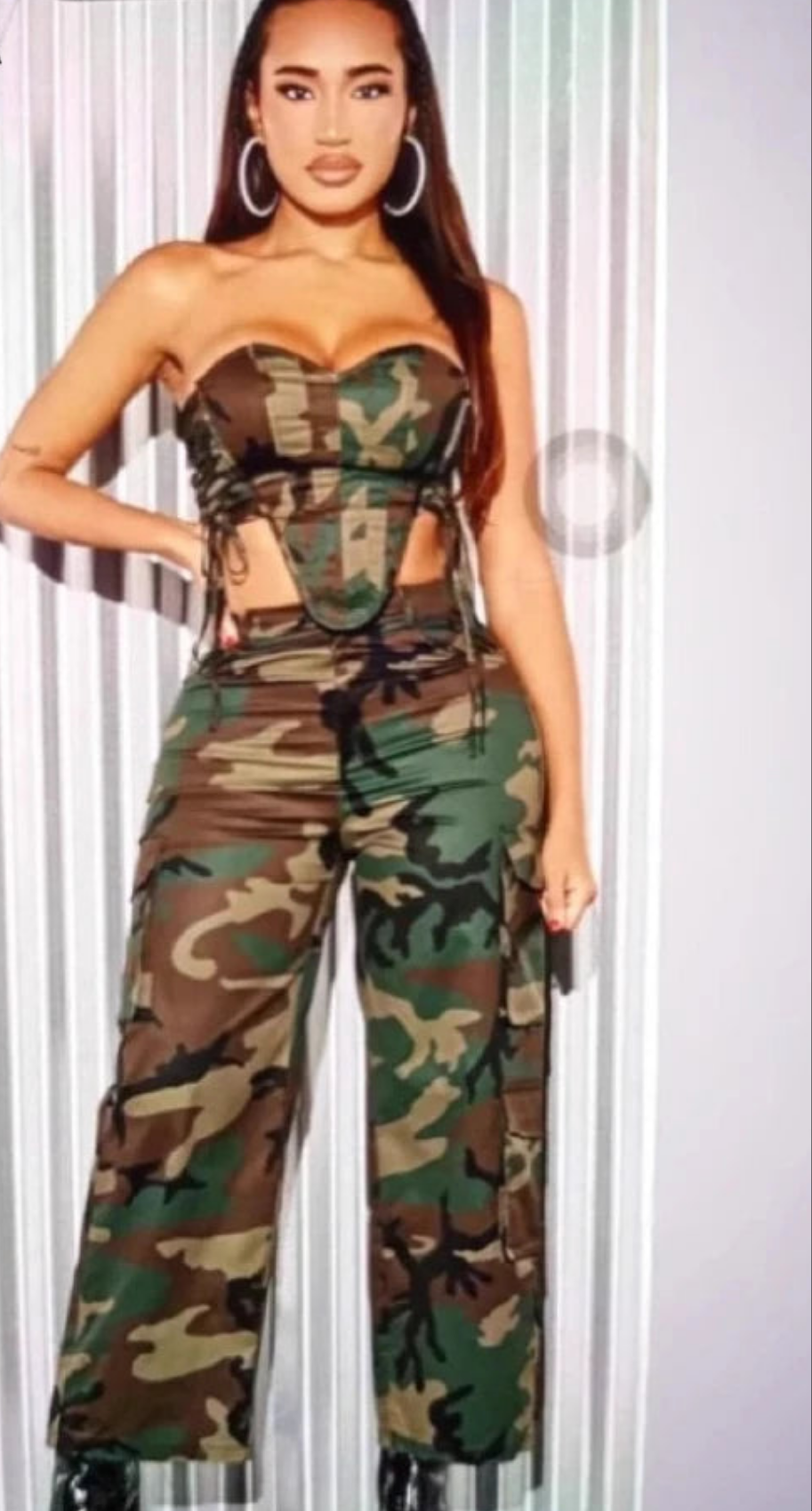 Camoflauge Print Women's Strapless Tube Corset Top + Wide Leg Streetwear Cargo Pocketed Pants 2-Piece Set