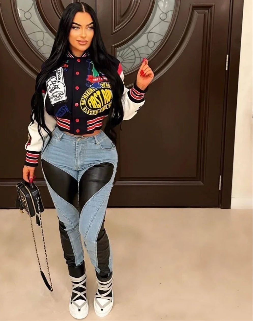 Letter Print Patchwork Women's Long Sleeve Baseball Varsity Button-Up Crop Jacket