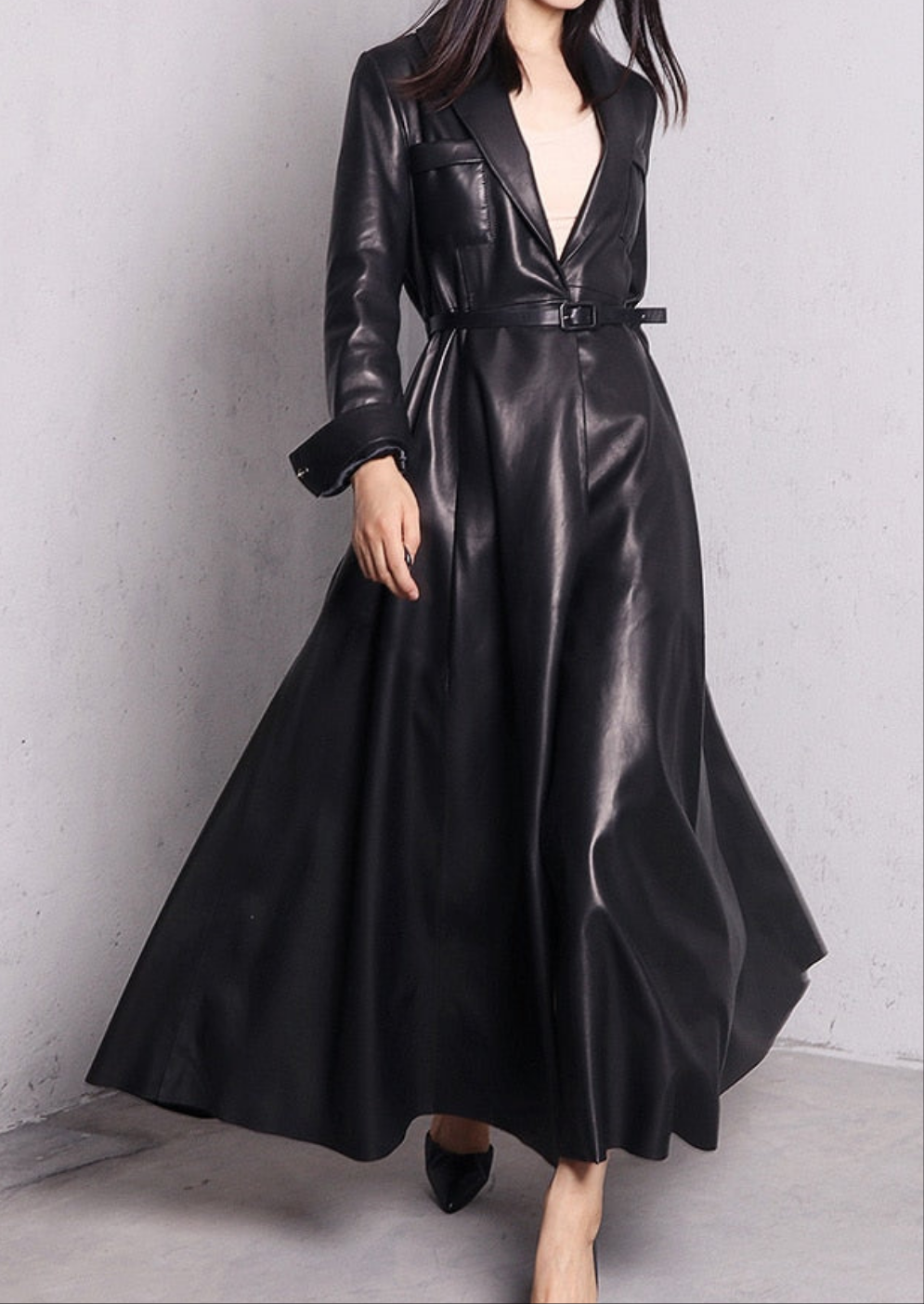 Faux Leather Pocketed Solid Color Skirted Trench Coat Maxi Dress w/Belt to 7X Plus Size