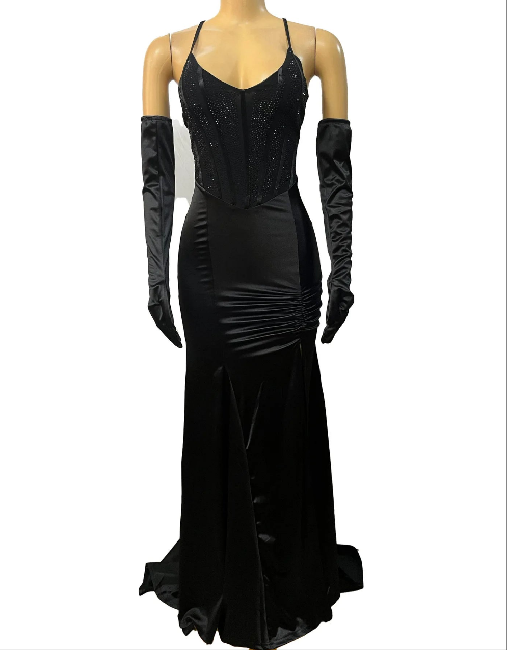 Sleeveless Rhinestone Boned Corset Sequin Design Ruched Long Sleeve Gloves Bodycon Mermaid Formal Maxi Party/Prom Dress