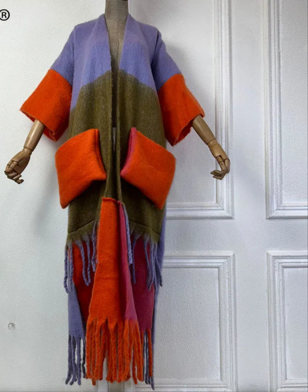 Tassel Colorblock Striped African Cardigan Oversized Pocket Design Cardigan Kimono Dress