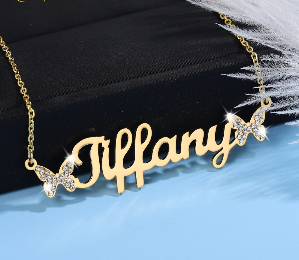 Rhinestone Crystal Butterfly Pendant CUSTOMIZED First Name Pendant Gold Chain Necklace