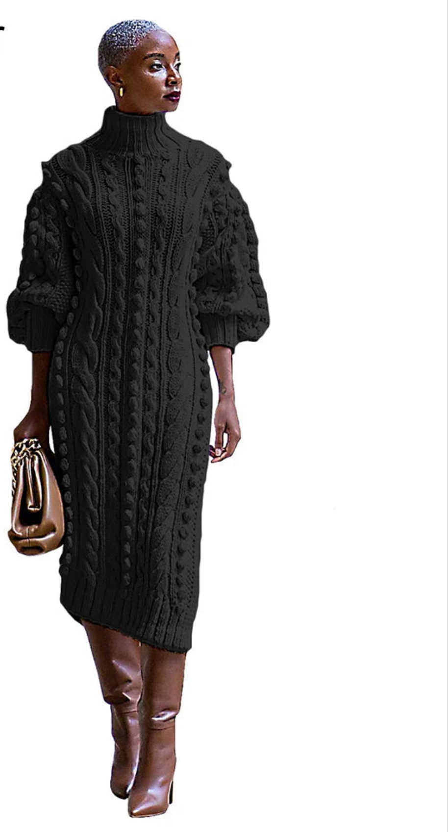 Weave Pattern Solid Color Knitted Turtleneck Long Sleeve High Side Slit Sweater Dress to 3X Plus Size