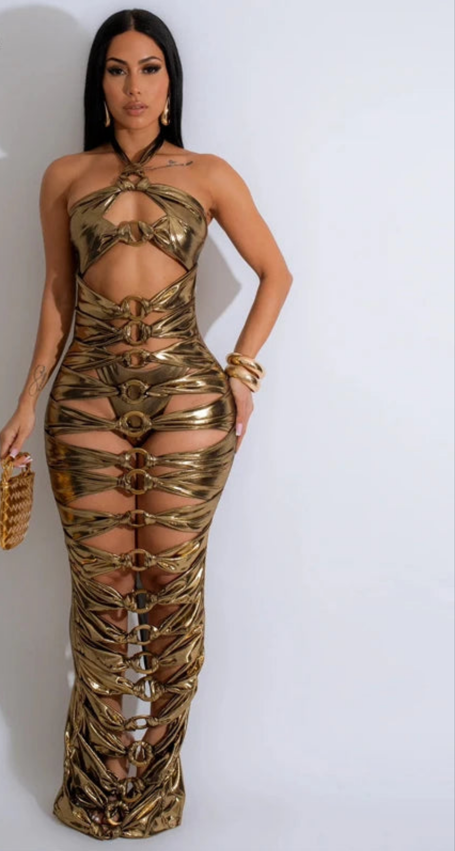 Faux Leather Hollow-Out Metal Ring Design Sleeveless Bodycon Maxi Party/Club Dress