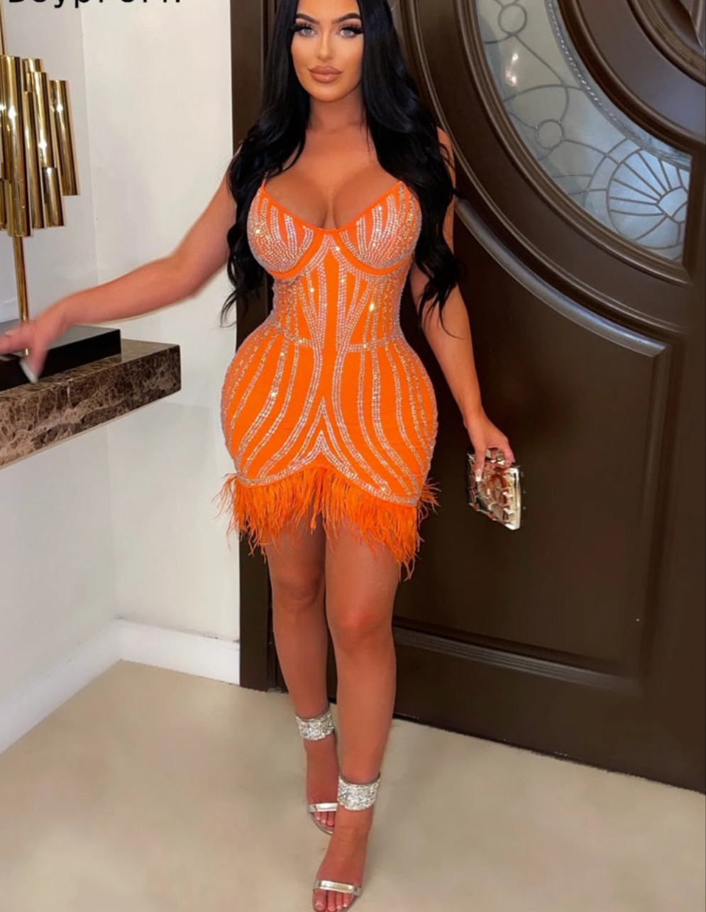 Feather Rhinestone V-Neck Crystal Tassel Embellished Sleeveless Patchwork Spaghetti Strap Mini Dress