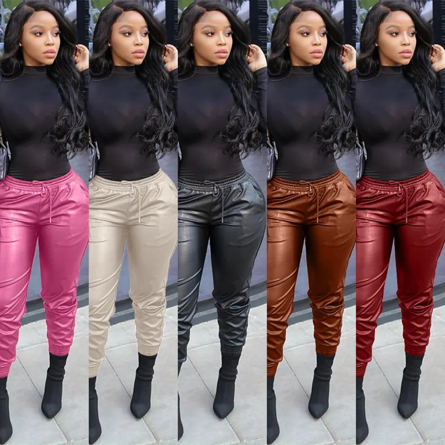 Faux Leather Women's Drawstring Bodycon High Waist Cargo Pants to 3X Plus Size