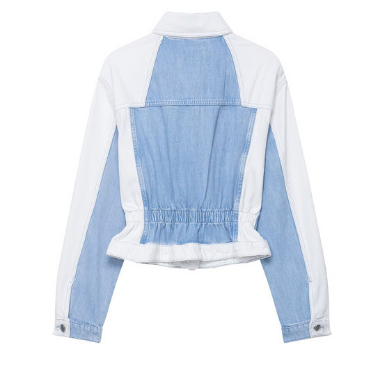 Denim Blue/White Women's Patchwork Double Pocket Design Cropped Jean Jacket + Colorblock Mid-Waist Straight Jeans 2-Piece Set-SOLD AS SEPARATES