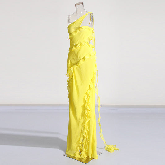Yellow Asymmetrical One Shoulder Layered Ruffled Sleeveless Patchwork Slit Formal Maxi Dress