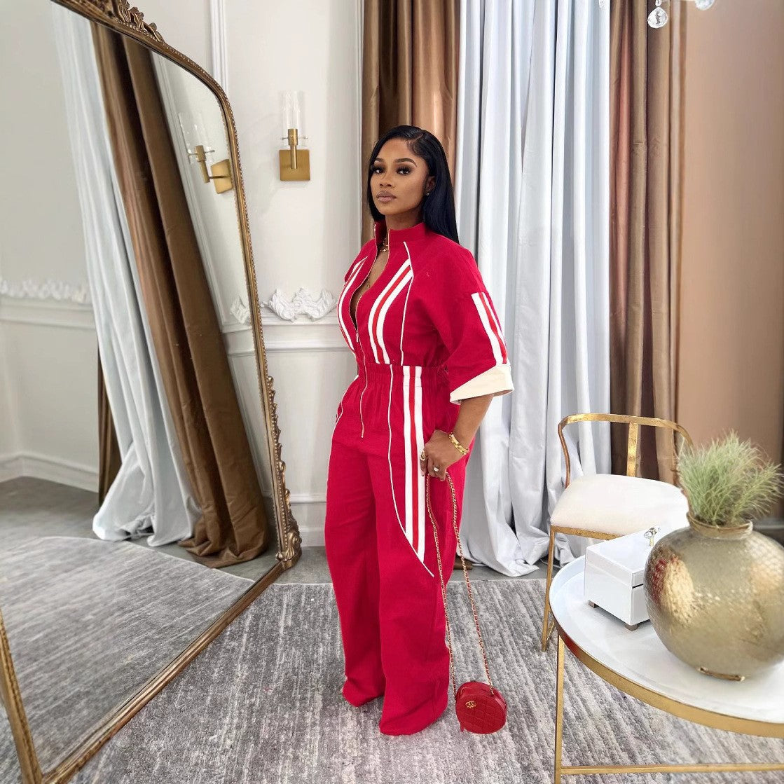 Deep V-Neck Plunge Striped Short Sleeve Zipper Jumpsuit