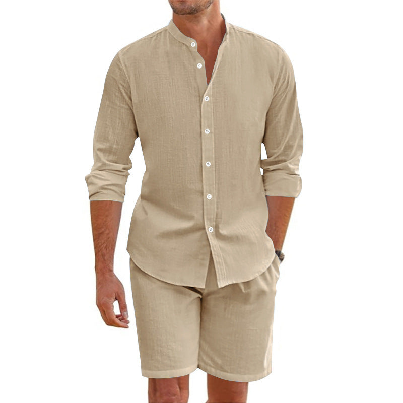 Men's O-Neck Button-Up Long Sleeve Top + Drawstring Shorts 2-Piece Set