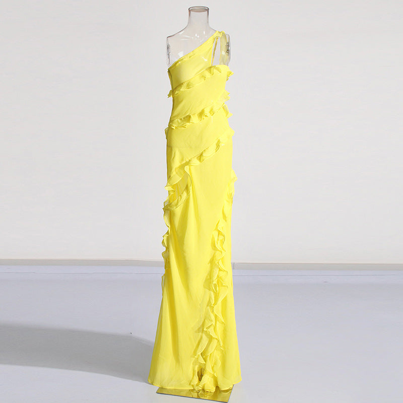 Yellow Asymmetrical One Shoulder Layered Ruffled Sleeveless Patchwork Slit Formal Maxi Dress
