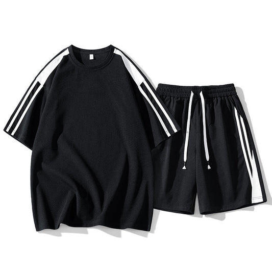 Men's Side Striped Loose Round Neck Short Sleeve T-Shirt + Matching Shorts 2-Piece Fitness Workout Set