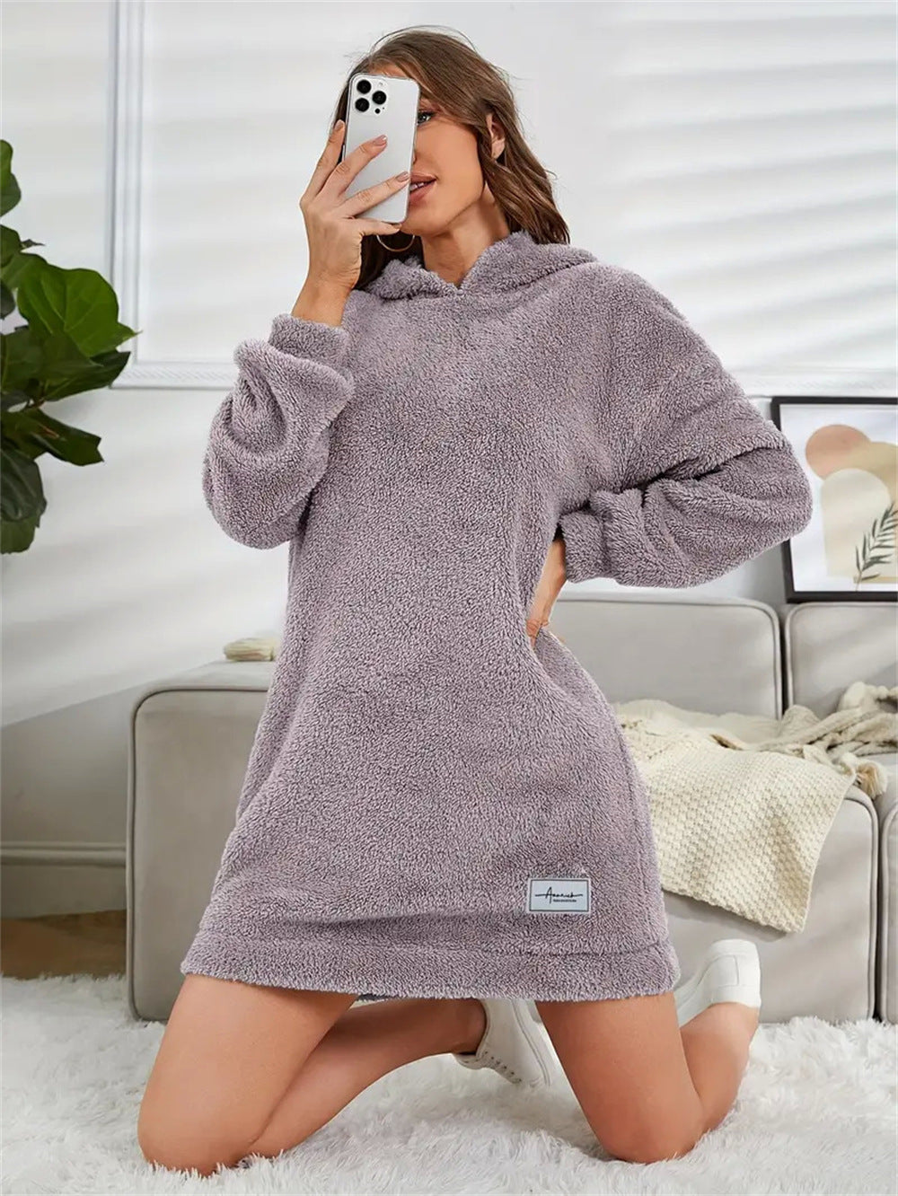 Fleece Plush Solid Color Women's Long Sleeve Teddy Hoodie Dress to 3X Plus Size