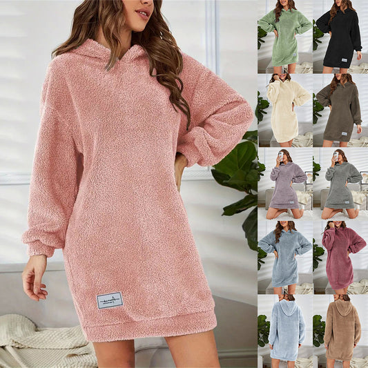 Fleece Plush Solid Color Women's Long Sleeve Teddy Hoodie Dress to 3X Plus Size