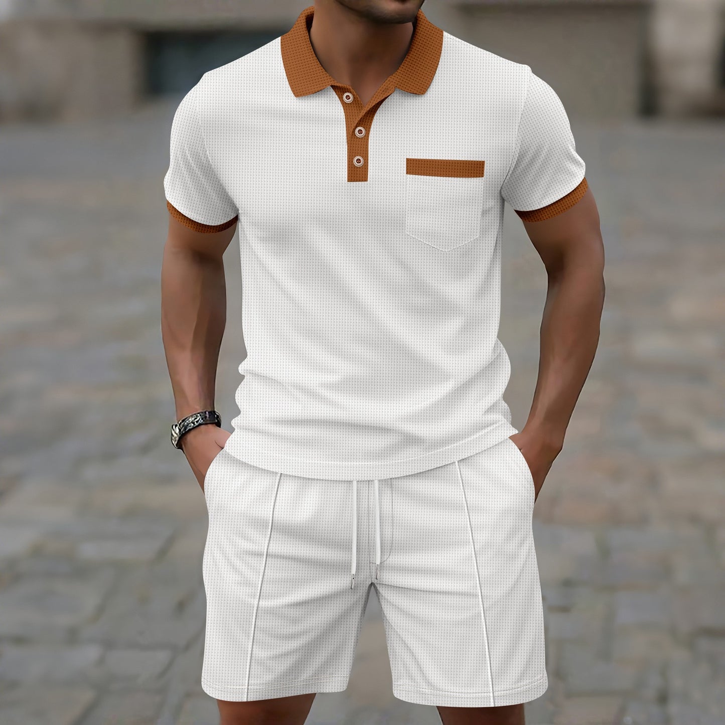 Men's Colorblock Waffle Pattern Turn-Down Collar Polo Shirt + Drawstring Shorts 2-Piece Set