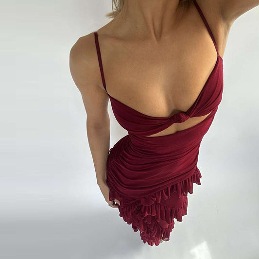 Burgundy Tiered Layered Ruffled Hollow-Out Sleeveless Halter Tank Maxi Party Dress