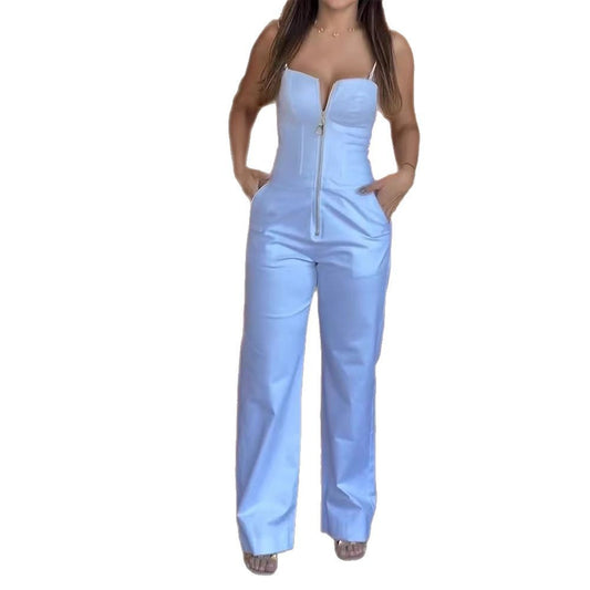 Sleeveless Solid Color Sling Pocketed Spaghetti Strap Women's Jumpsuit