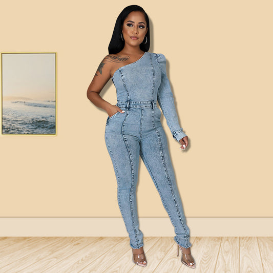 Washed Denim Asymmetrical Light Blue One Puff Sleeve Women's Jean Jumpsuit
