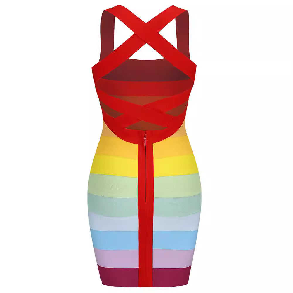 Rainbow Striped Colorblock Halter Strap Mini Criss-Cross Back Skinny Dress