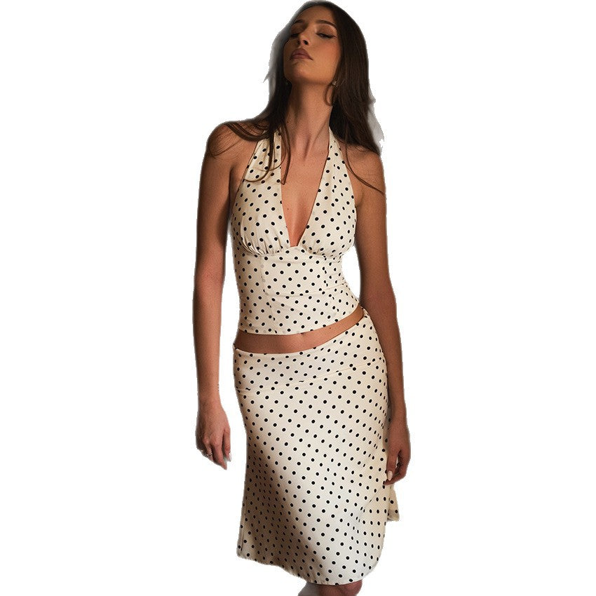 White/Black Polka Dot Halter Spaghetti Strap V-Neck Halter Top + High Waist Flared Midi Skirt Women's 2-Piece Set