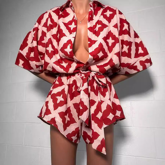 Red/Pink Geometric Print Women's Turn-Down Collar Short Batwing Sleeve Sash Belt Shorts Romper