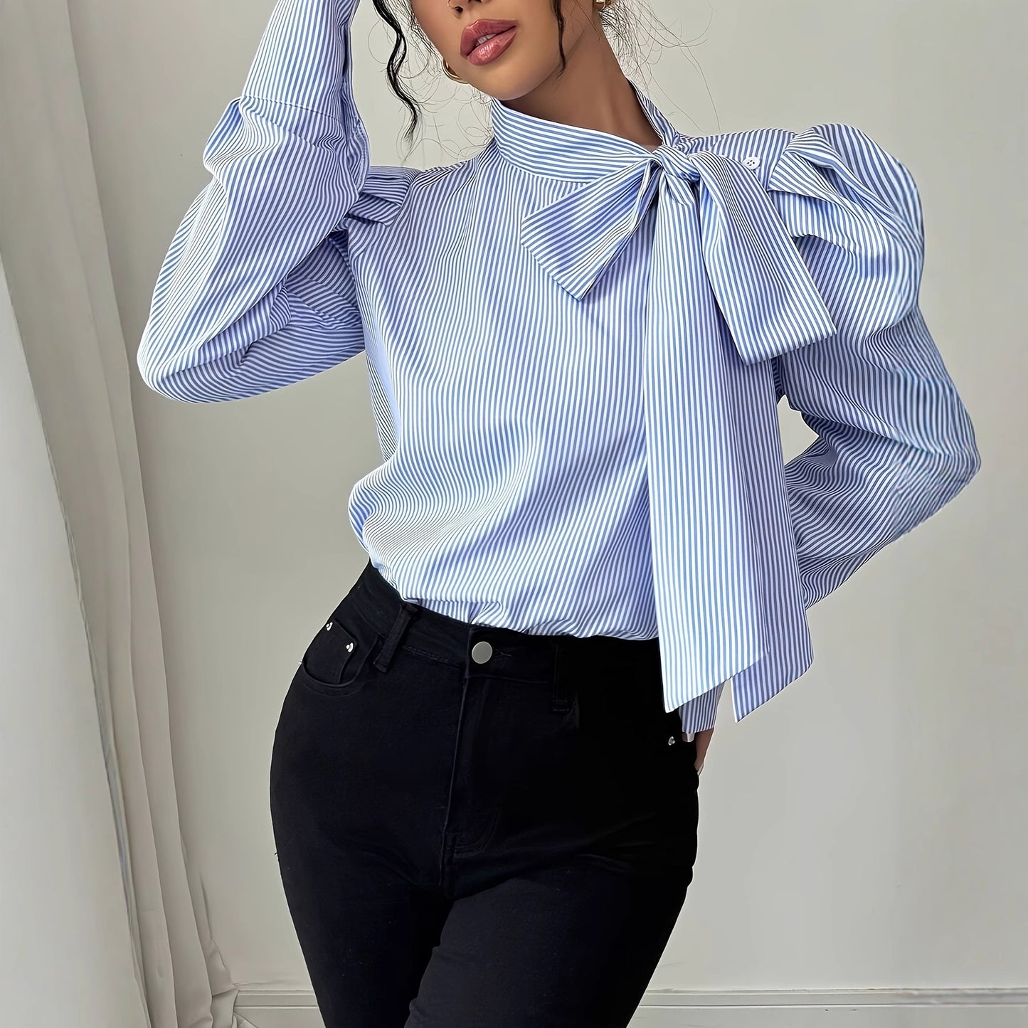 Baby Blue Oversized Pinstriped Bowtie Collar Long Balloon Sleeve Women's Blouse